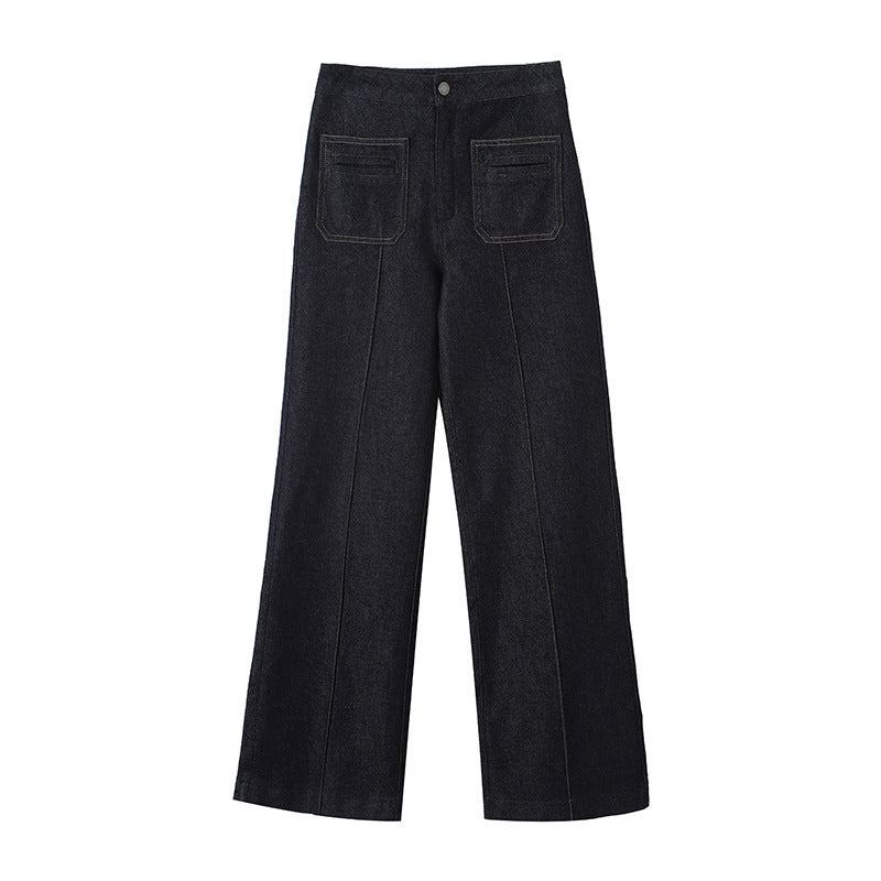Women's High-Waist Wide Denim Trousers with Continuous Center Seam and Sewn-On Pockets Chichicherry