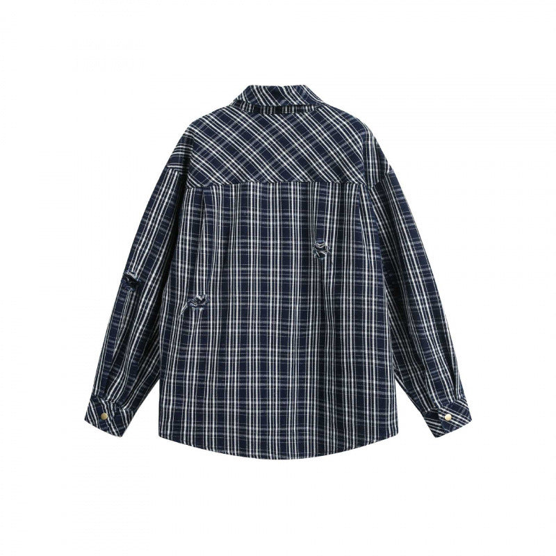 Unisex Boxy Shirt Jacket in plaid flannel look with patch chest pockets and used details Chichicherry