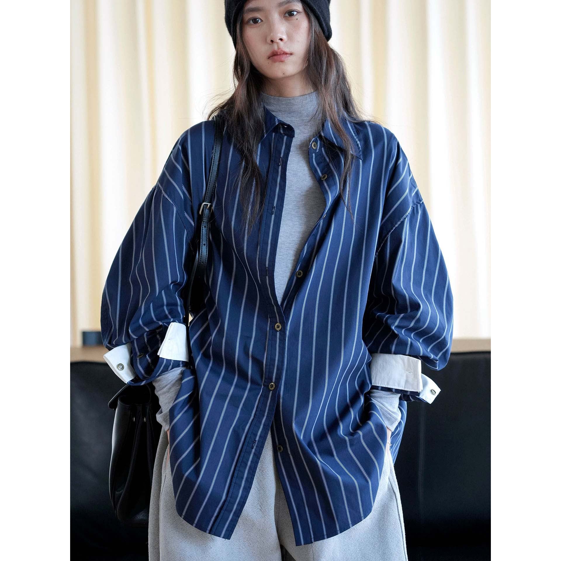 Women's Oversized Stripe Blouse with Contrast Cuffs Chichicherry