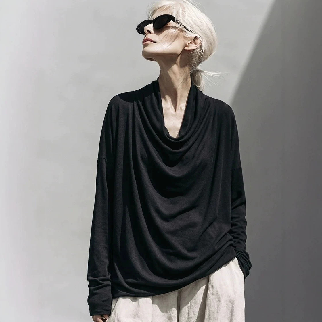 Women's Draped Oversized Long Sleeve Shirt with Waterfall Collar Chichicherry