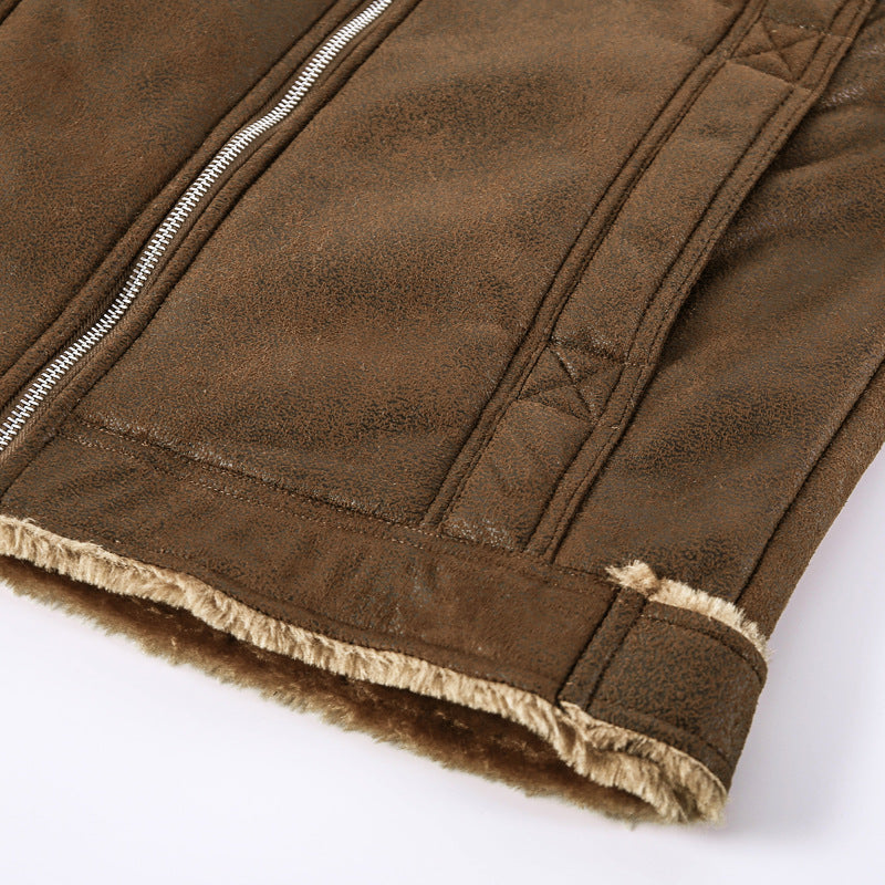 Men's Fleece-Lined Lambskin Imitation Biker Jacket with Stand-Up Collar and Flap Pockets Chichicherry