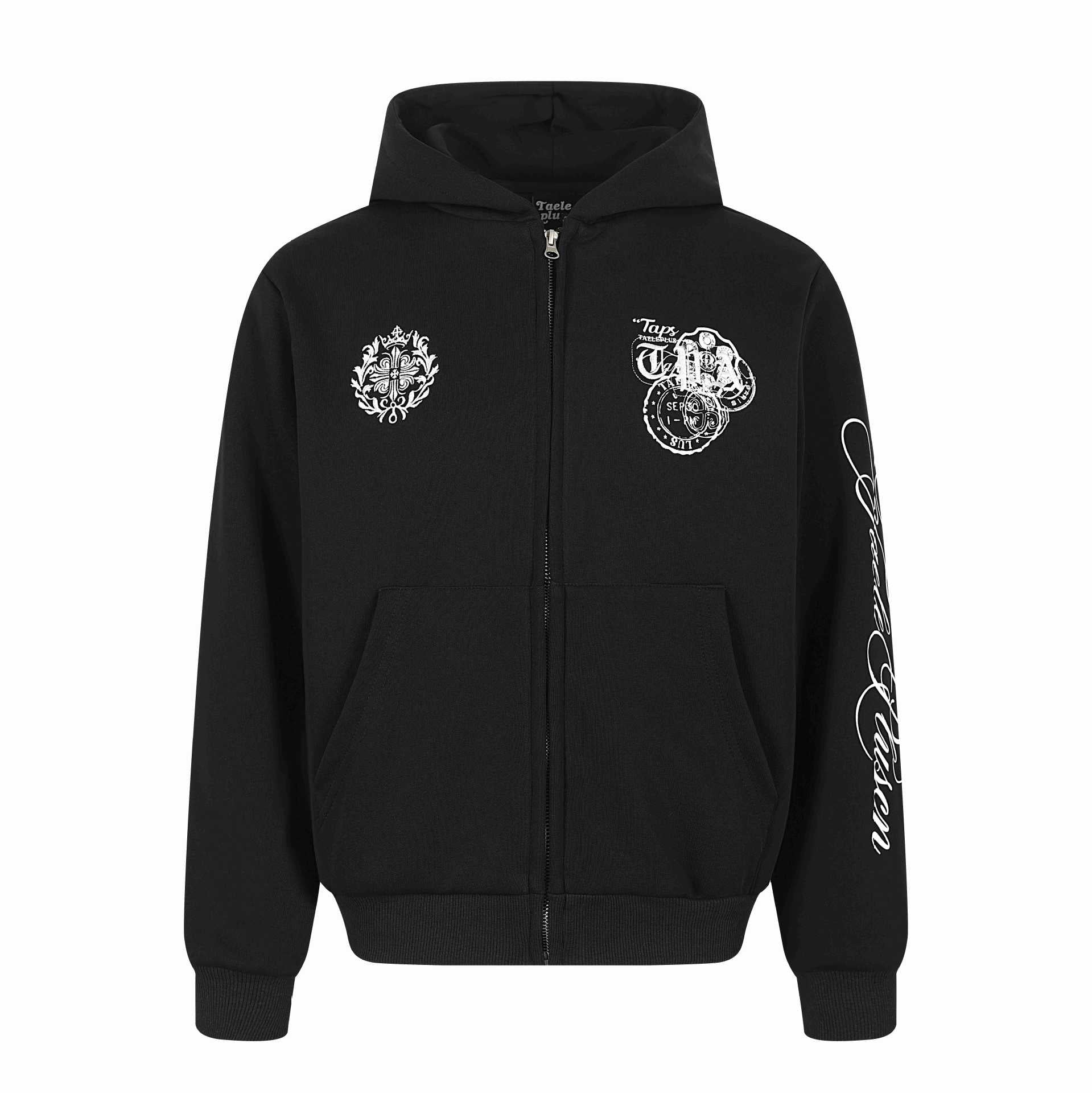 Unisex Hooded Sweat Jacket with Full Zip, Kangaroo Pocket and Ornamental Seal Prints Chichicherry