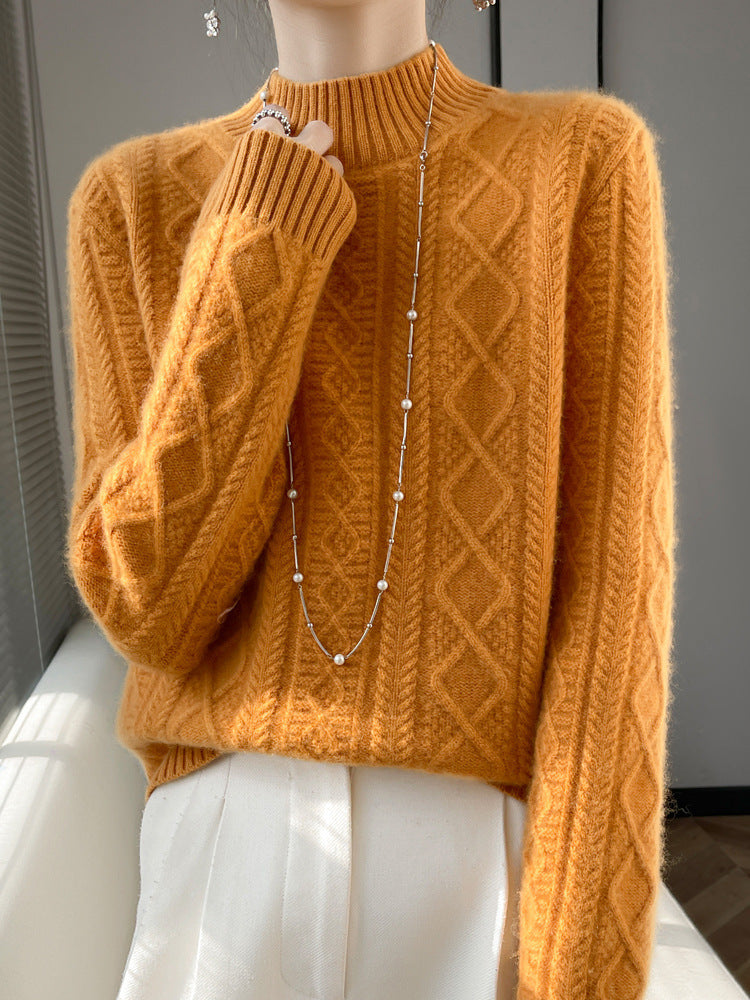 Women's Cozy Mohair-Effect Mock Neck Sweater with Diamond Cable Structure and Boxy Silhouette Chichicherry