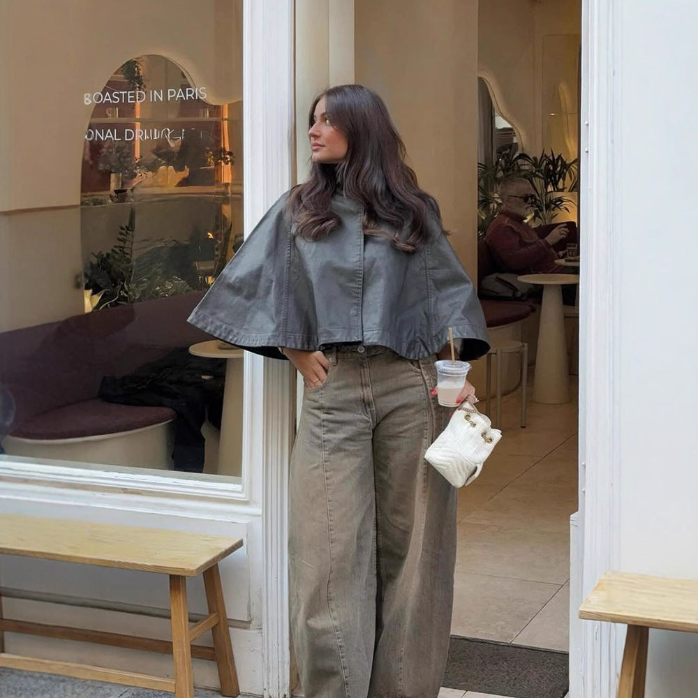 Women's Short Leather Cape Jacket with High Stand Collar and Boxy Cropped Silhouette Chichicherry