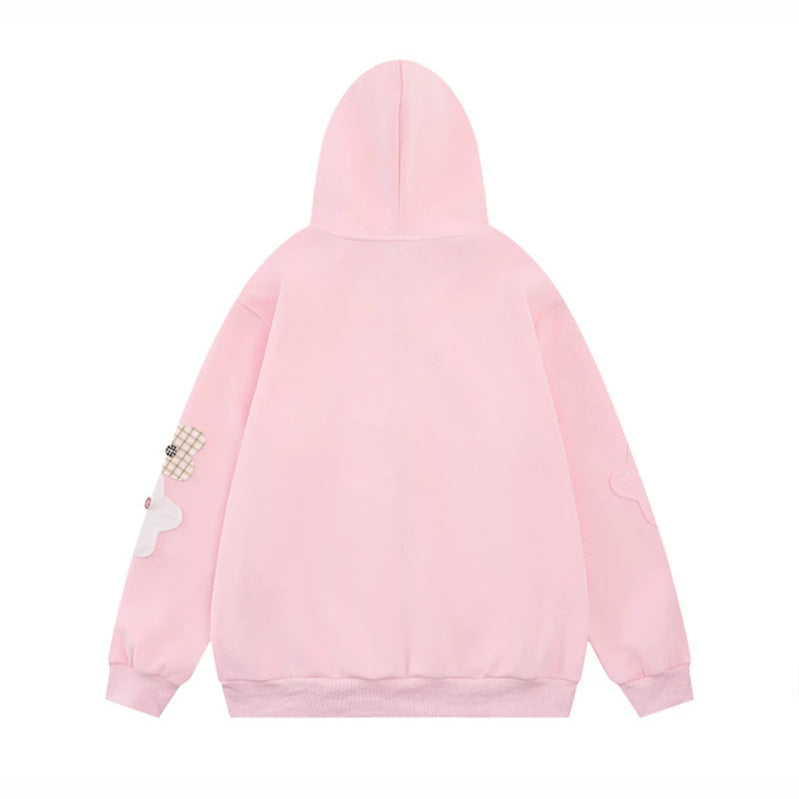 Women Oversize Zip Hoodie with Floral Star Appliqués and Button Details Chichicherry