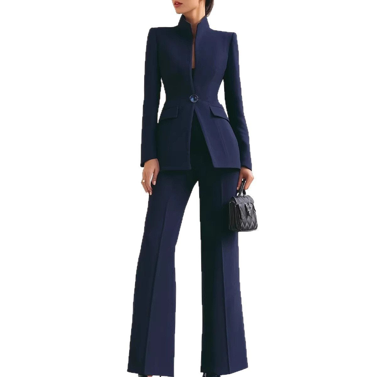 Women Tailored Blazer with Stand Collar and High-Waist Flared Pants Chichicherry