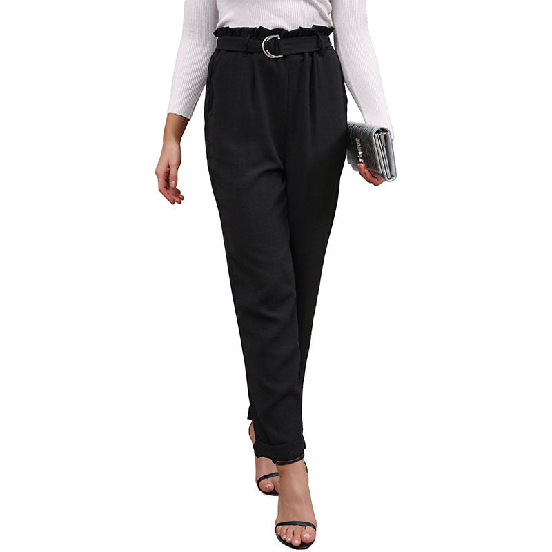 Women Elegant high-waisted paperbag trousers with tie belt and straight leg Chichicherry