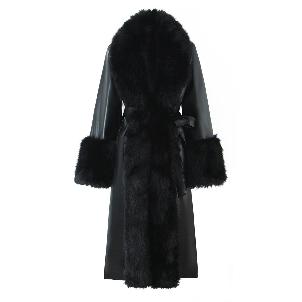Ladies long faux leather coat with wide faux fur collar and cuffs Chichicherry