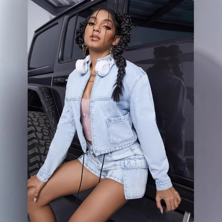 Women's short denim set with cropped jacket and cargo shorts Chichicherry