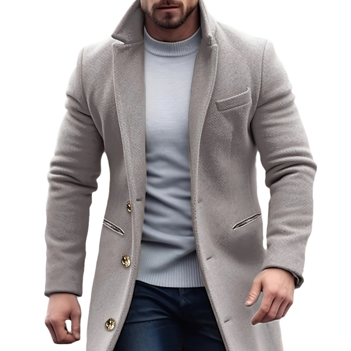 Men's Longer Tailored Wool Coat with Lapel Collar and Flap Pockets Chichicherry