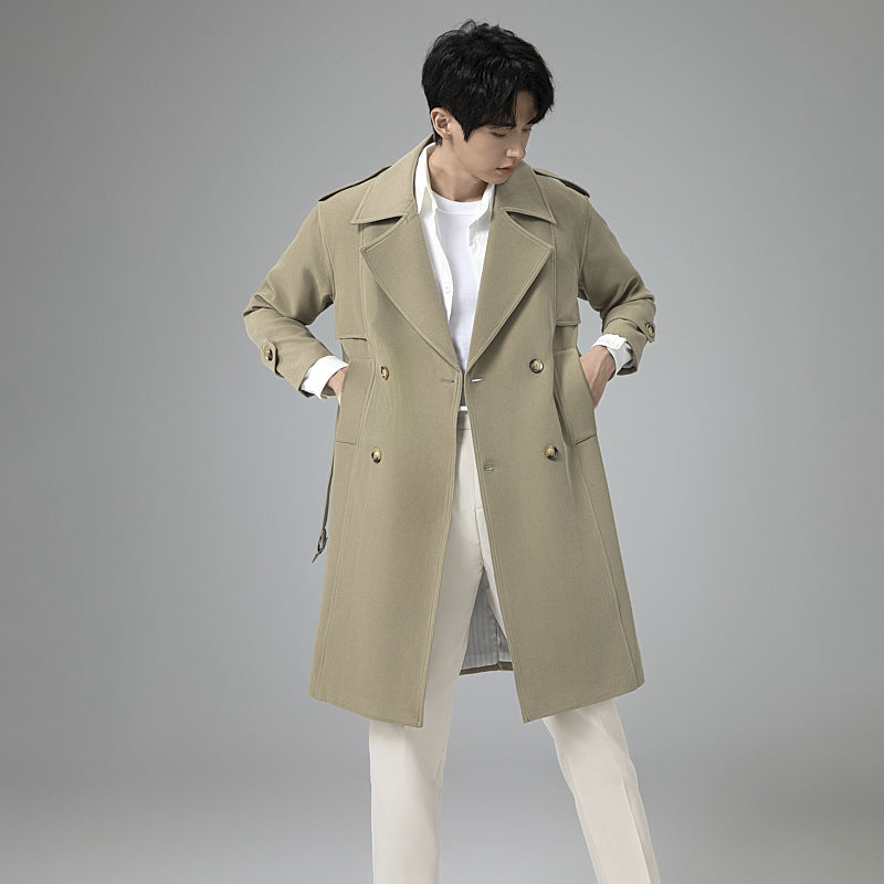 Men's Double-Breasted Trench Coat with Waist Belt and Classic Lapel Chichicherry