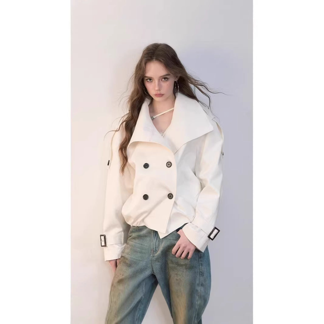 Women Oversized Double-Breasted Trench Bomber Jacket with High Stand-Up Collar Chichicherry