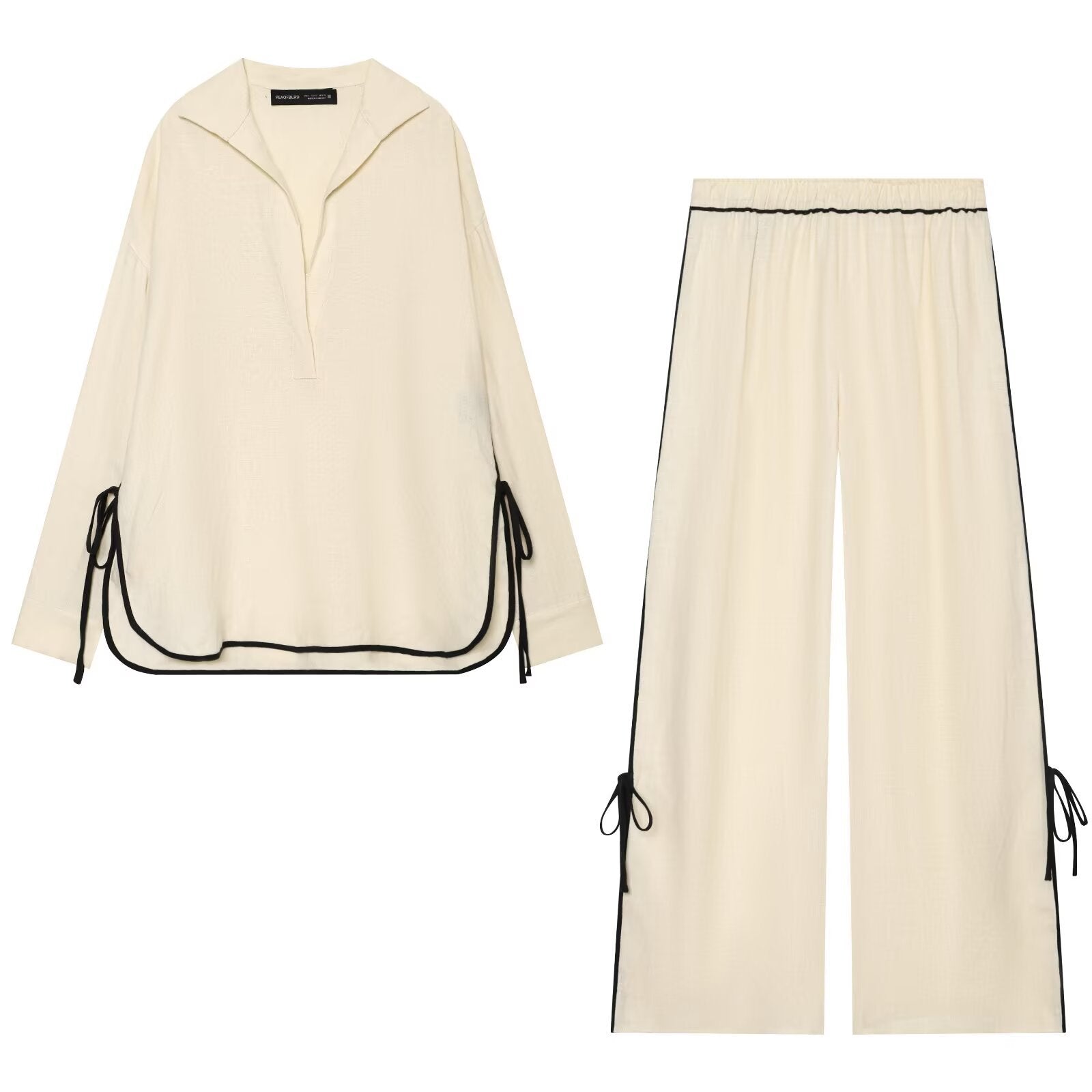 Ladies Wide Linen Look Pants with High Elastic Waistband, Contrast Piping and Leg Lacing Detail Chichicherry