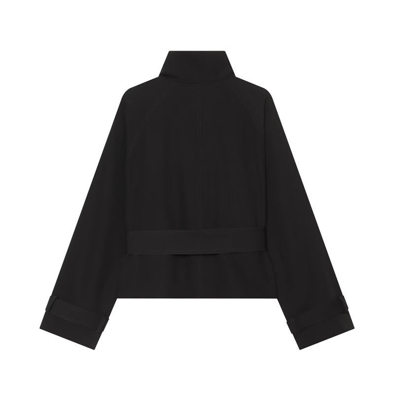 Women's Short Double-Breasted Trench Coat with Waistbelt, Epaulettes and Gold-Colored Details Chichicherry