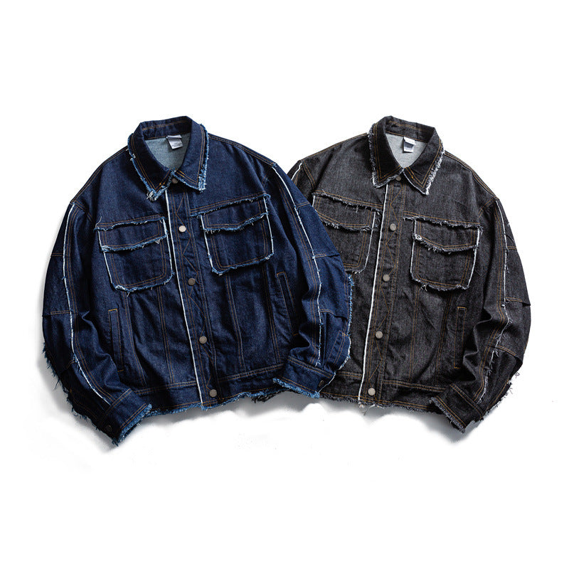 Men's Oversized Jeans Jacket with Frayed Edges and Large Flap Pockets Chichicherry