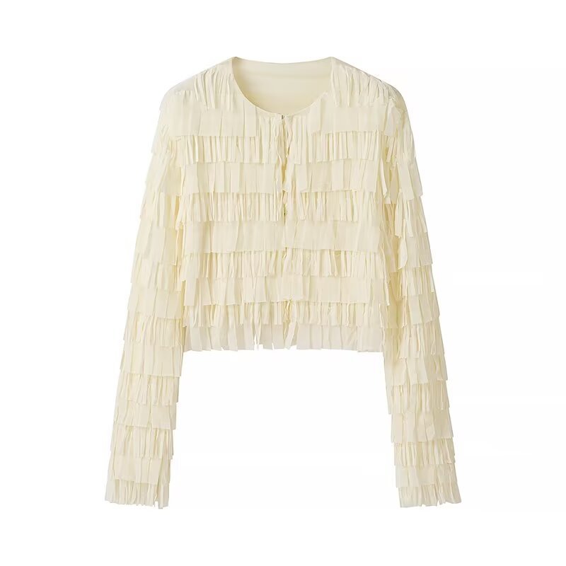 Women's Cropped Fringed Jacket with Layered Fringe and Tie Band Chichicherry