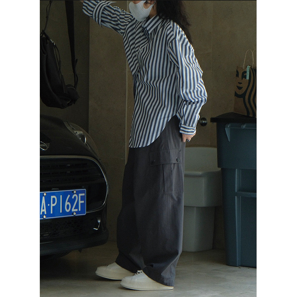 Women's oversized shirt blouse with side slits, drop shoulder and fine striped pattern Chichicherry