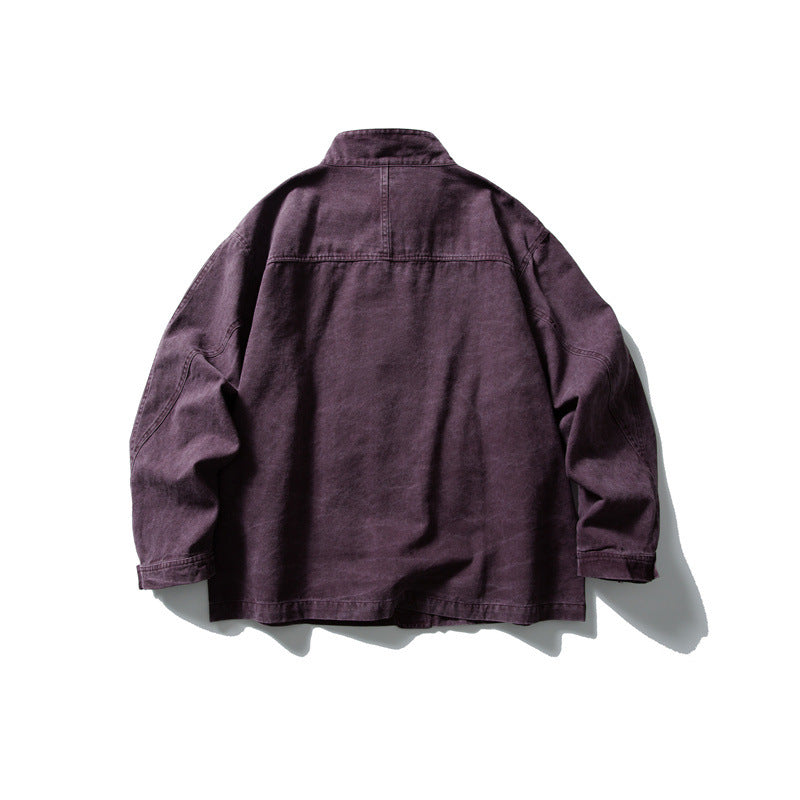 Unisex cleverly tailored canvas worker blouson jacket with stand-up collar and snap button front Chichicherry