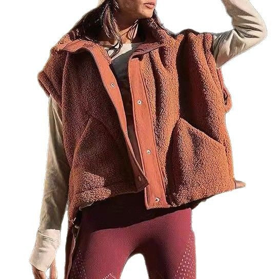 Women's Oversized Teddy Fleece Vest with Hood and Snap Buttons Chichicherry