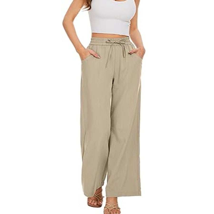 Women's wide linen pants with high elastic waistband, drawstring, and side pockets Chichicherry