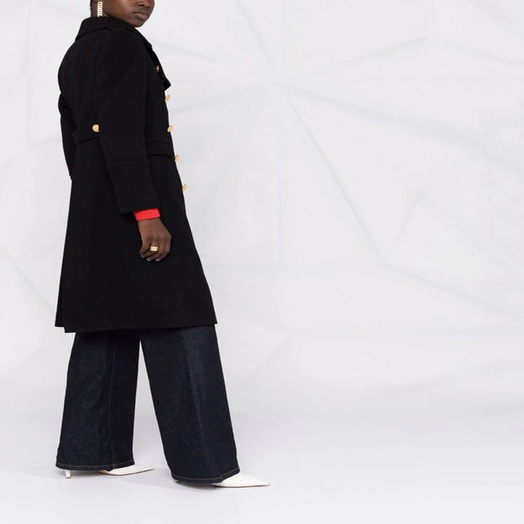 Women Tailored Double-Breasted Coat in Marine Style with Golden Decorative Buttons and Flap Pockets Chichicherry