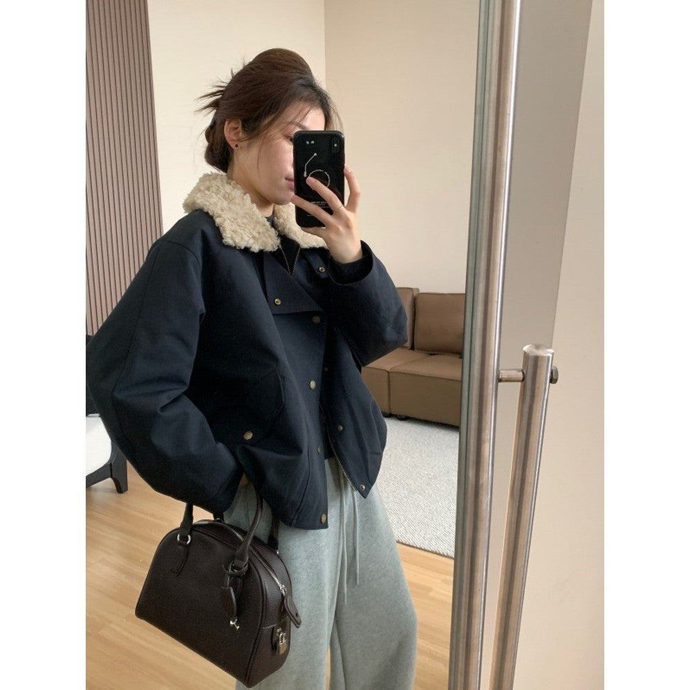 Women Short Oversized Bomber Jacket with Teddy Collar and Snap Button Details Chichicherry