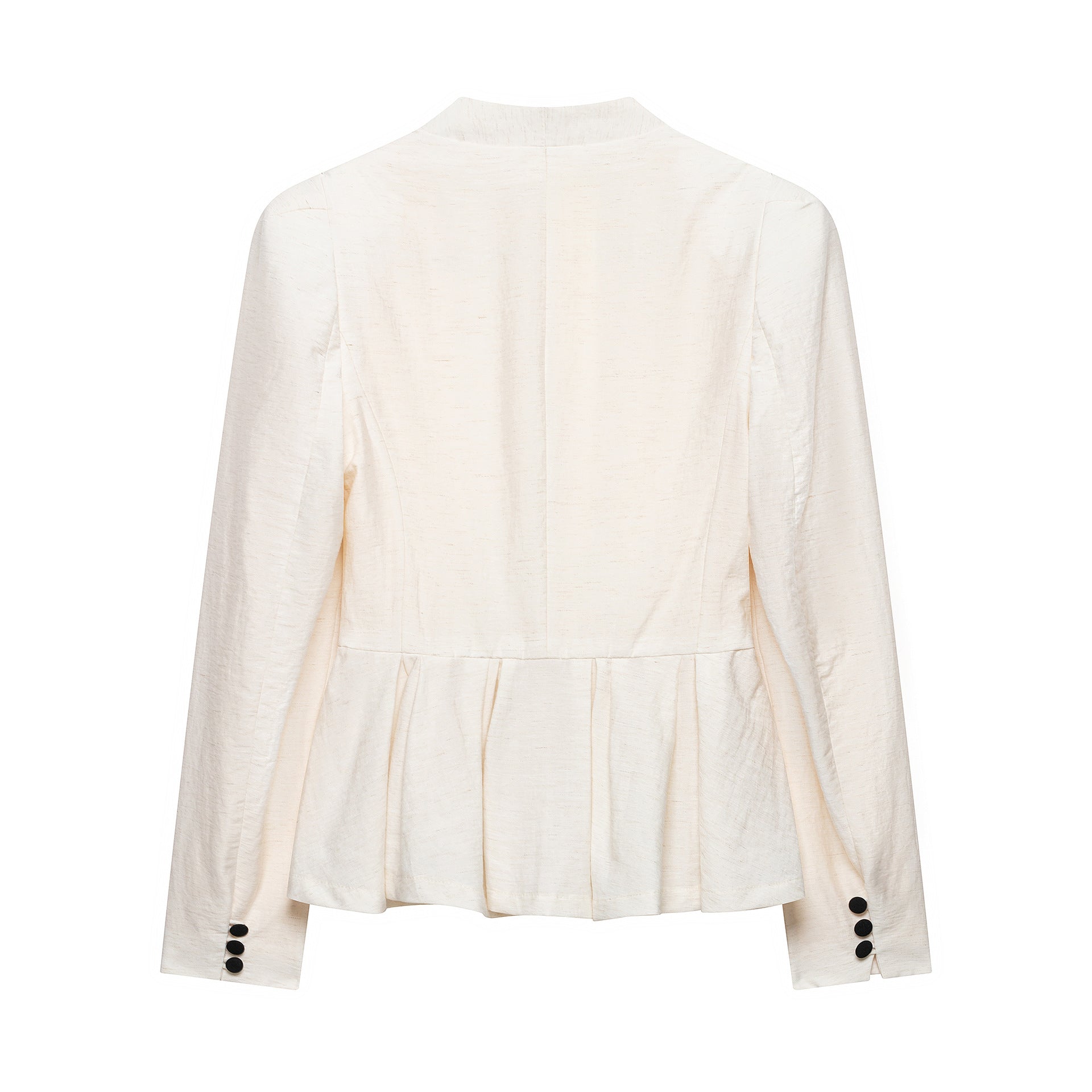 Women Tailored Blazer Jacket with Deep V-Neck, Pleated Peplum and Decorative Button Placket Chichicherry