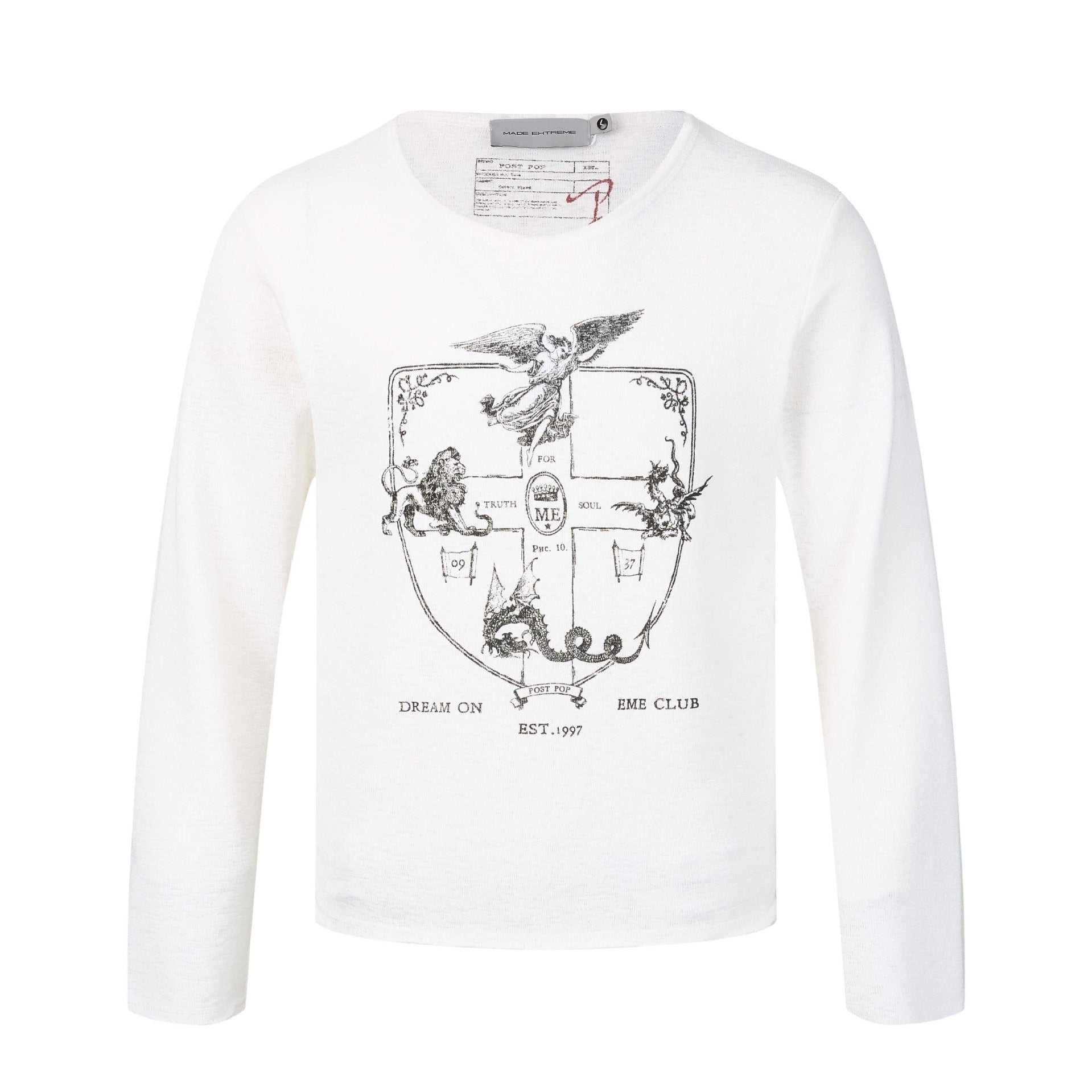 Unisex Long Sleeve Fine Knit Shirt with Crest Print Chichicherry