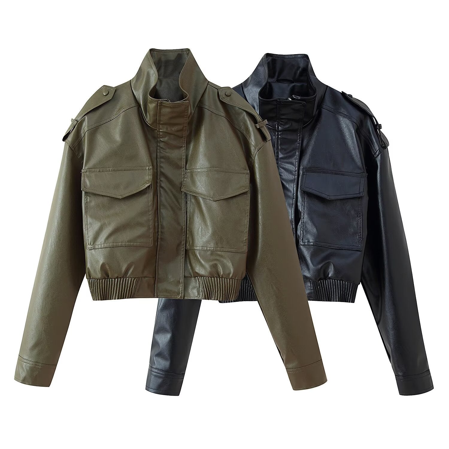 Women's short cut blouson jacket made of vegan leather with shoulder flaps and flap pockets Chichicherry