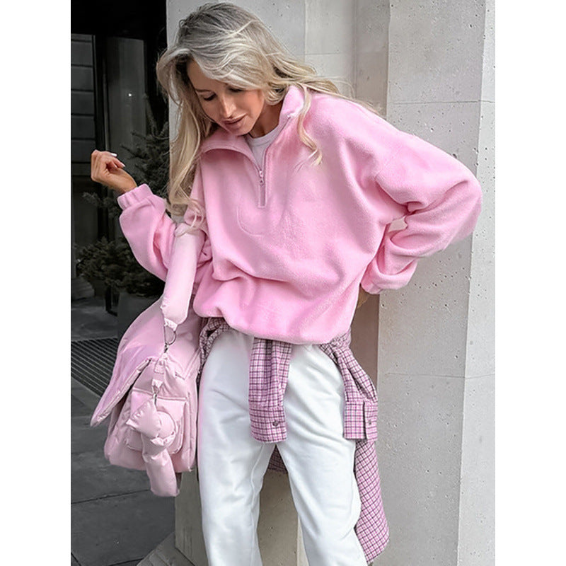 Women’s Oversized Fleece Pullover with Half Zipper and Stand-Up Collar Chichicherry