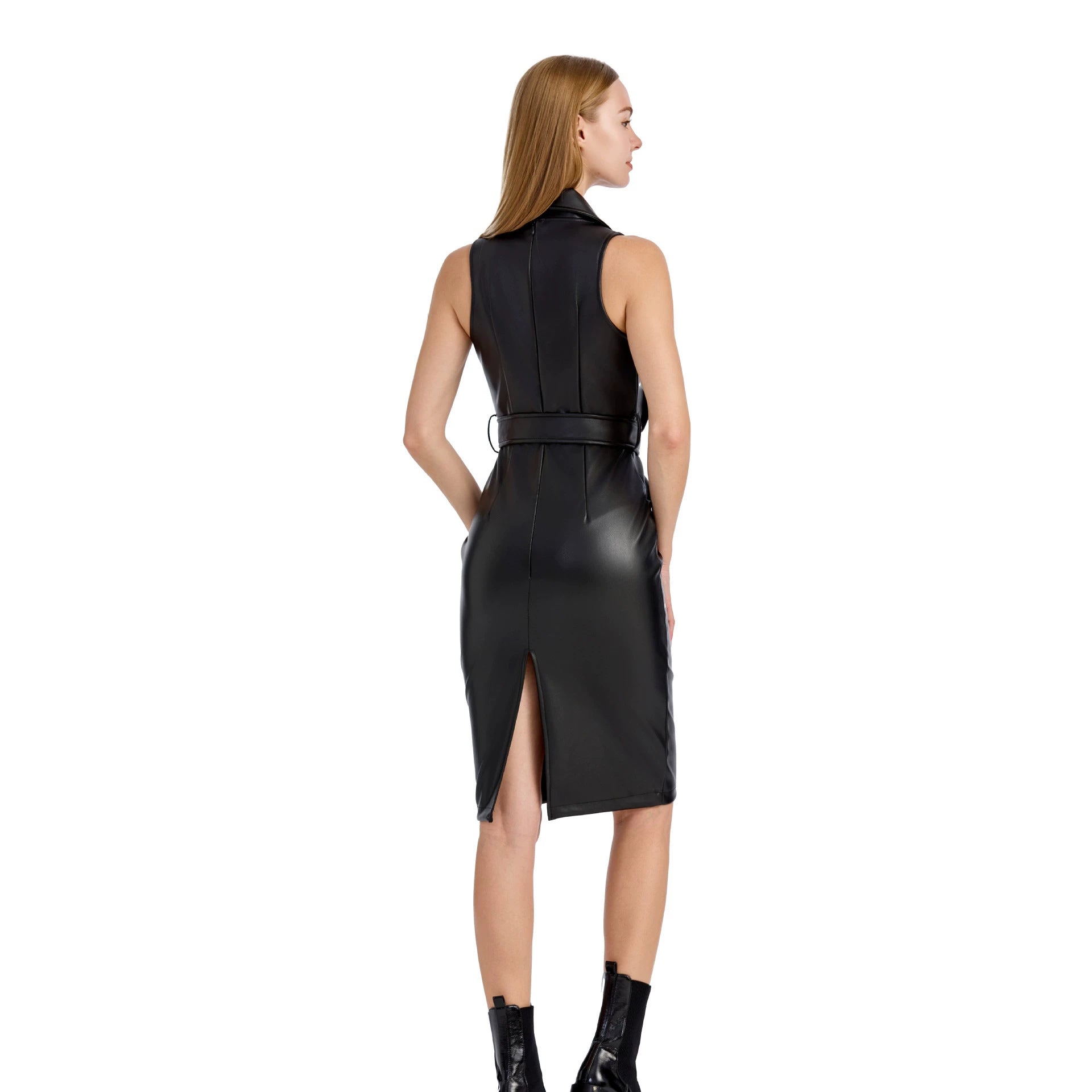 Women's sleeveless tailored faux leather pencil dress with lapel collar Chichicherry