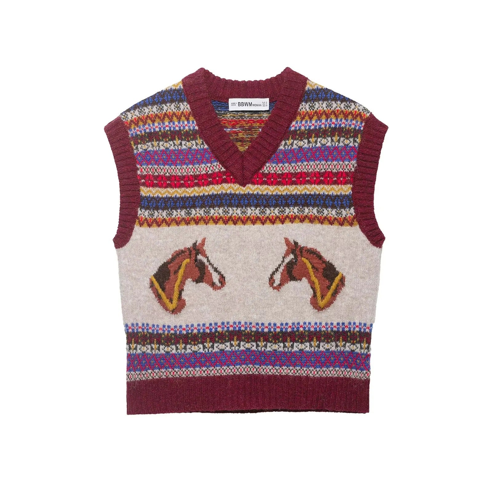 Women's knit vest with Norwegian pattern, V-neck and horse intarsia Chichicherry