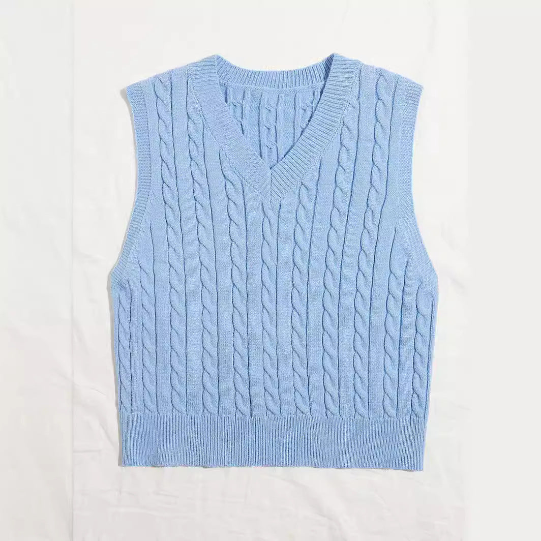 Women Knitted Sleeveless Cable Knit Sweater Vest with V-Neck Chichicherry