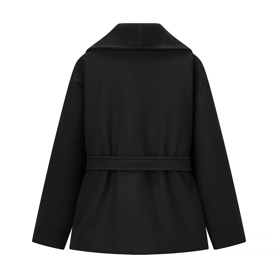 Women's Short Wool Blend Coat with Wide Shawl Collar and Waist Belt Chichicherry
