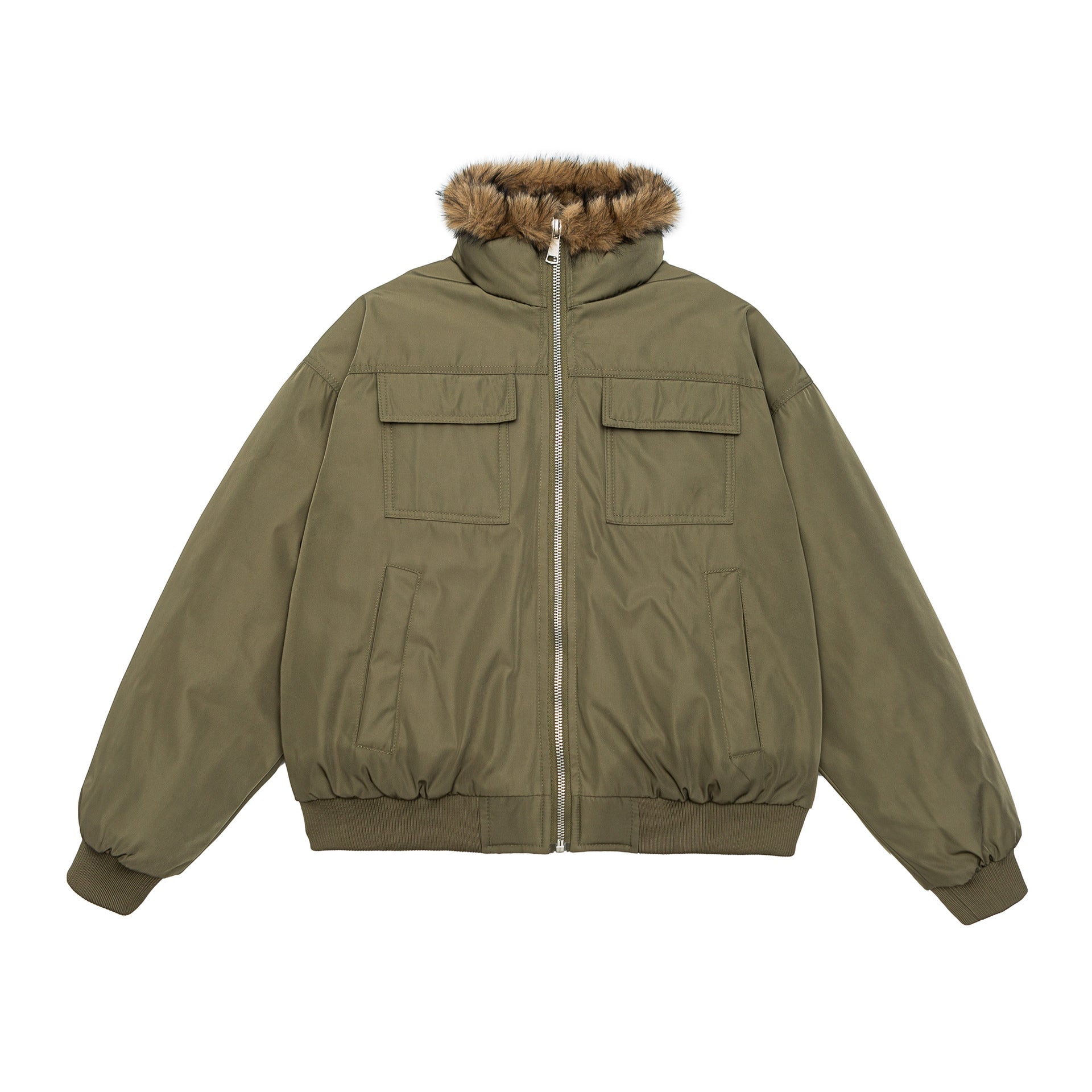 Men's Quilted Short Bomber Jacket with Removable Faux Fur Hood and Patch Front Pockets Chichicherry