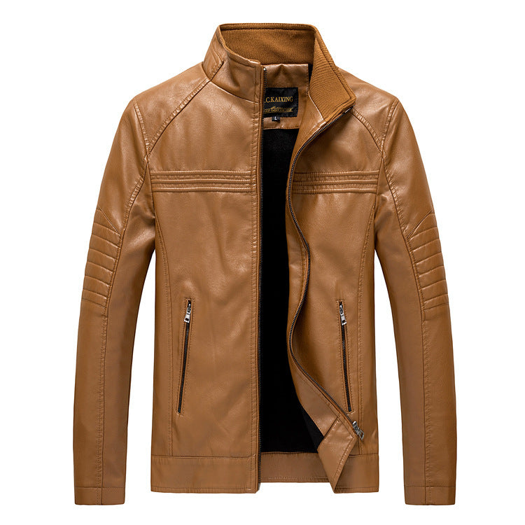Men's Slim-Fit Faux Leather Moto Jacket with Stand-Up Collar and Quilted Sleeve Yoke Chichicherry