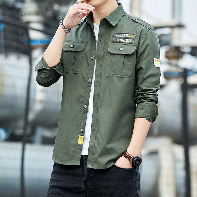 Men's utility shirt with chest flap pockets, shoulder patches, and embroidered patches Chichicherry