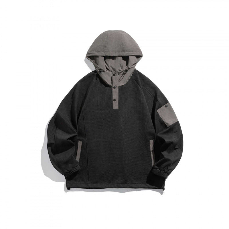 Unisex Technical Hoodie in Oversized Cut with Henley Placket, Patch Pocket and Drawstring Chichicherry