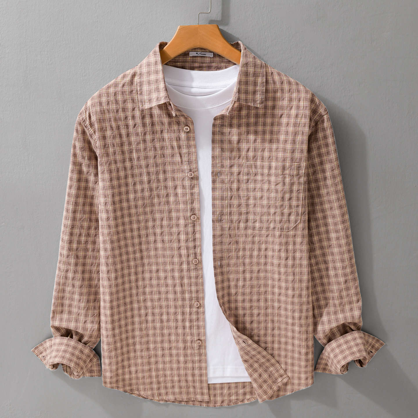 Men's Lightweight Checked Seersucker Shirt with Chest Pocket and Relaxed Fit Chichicherry