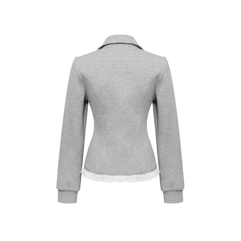 Ladies Tailored Sweat Jacket in Peplum Style with Double Row and Ruffle Trim Chichicherry
