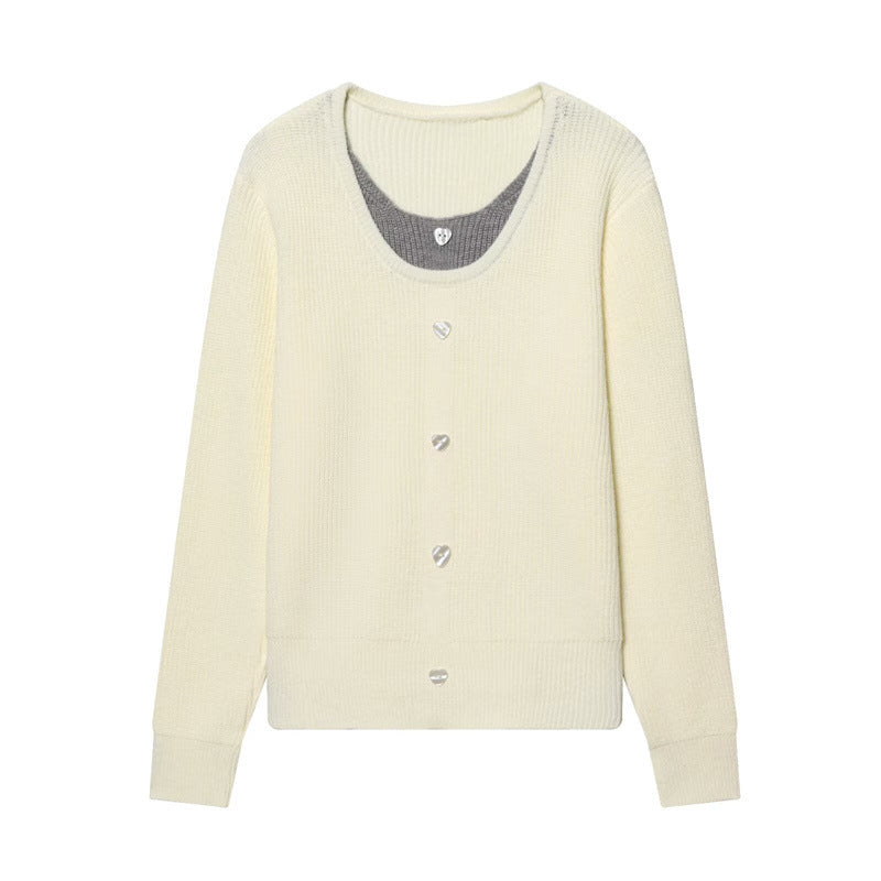 Women's two-layer fine knit cardigan with integrated under top and heart buttons Chichicherry