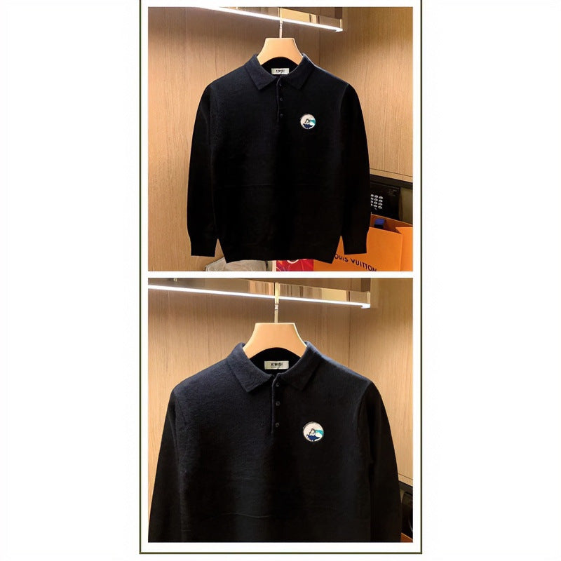 Herren Polokragen-Pullover aus weichem Flauschstrick mit Logo‑Patch Chichicherry