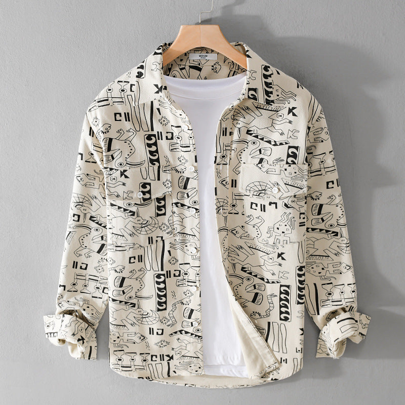 Men's Lightweight Cotton Overshirt with Artistic Line Print and Double Chest Pocket Chichicherry