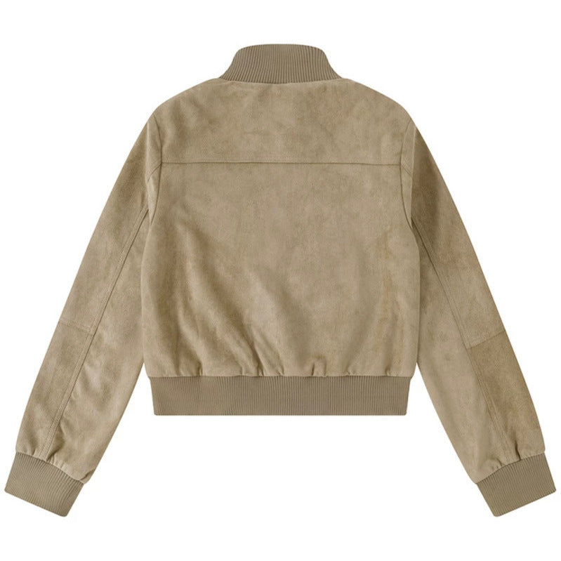Women's Short-Cut Bomber Jacket Made of Velour Imitation with Chest Pockets and Zipper Pockets Chichicherry