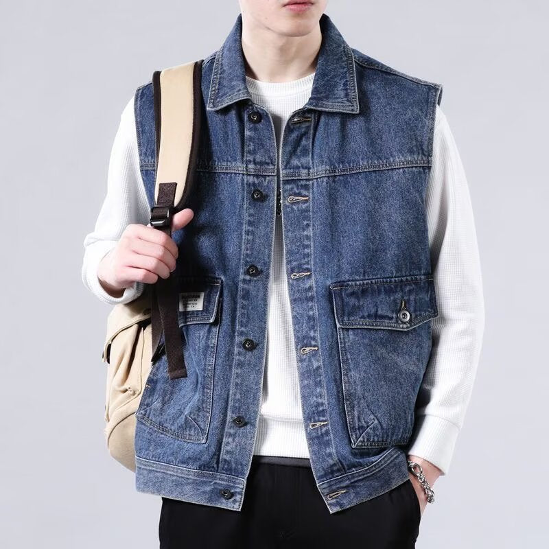 Herren Ärmellose Jeans-Workerweste mit Pattentaschen und kastiger Passform Chichicherry