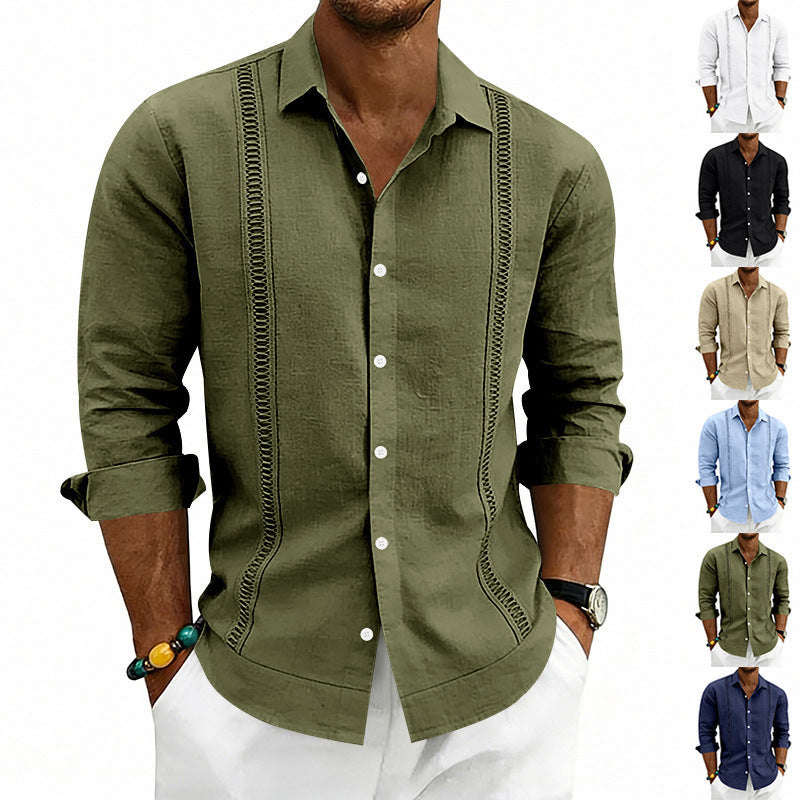 Men's Lightweight Cotton Long Sleeve Shirt with Decorative Stitches and Kent Collar Chichicherry