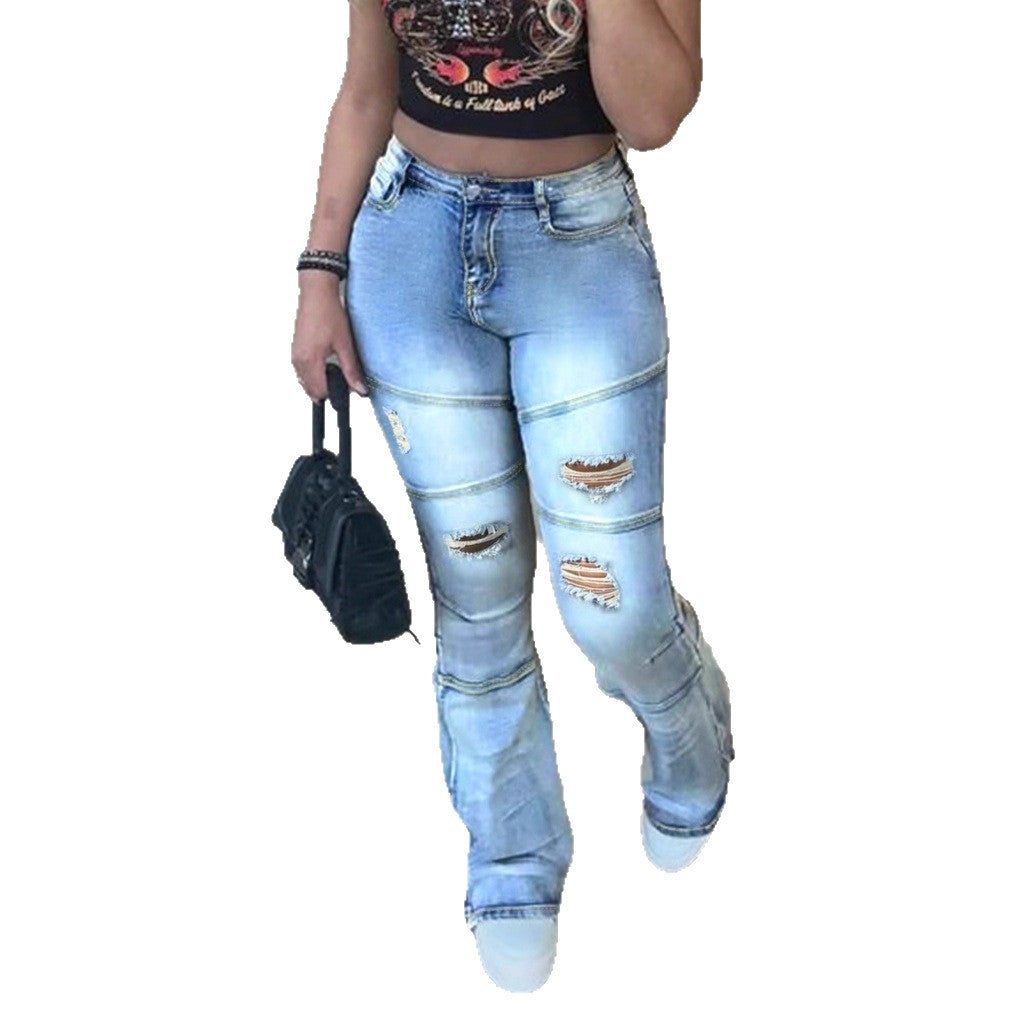 Women's jeans pants with high waist, straight leg, knee ribs and panel seams Chichicherry