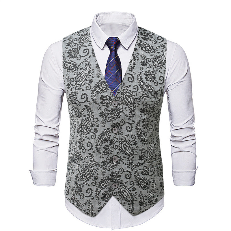 Men's Tailored Suit Vest with Paisley Jacquard and V Neck Chichicherry