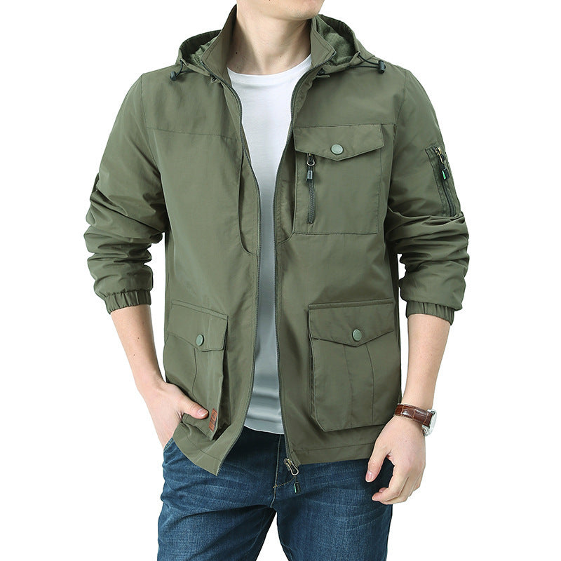 Men's water-repellent hooded canvas field jacket with concealed two-way zipper, elastic sleeve cuffs, and utility patch pockets Chichicherry