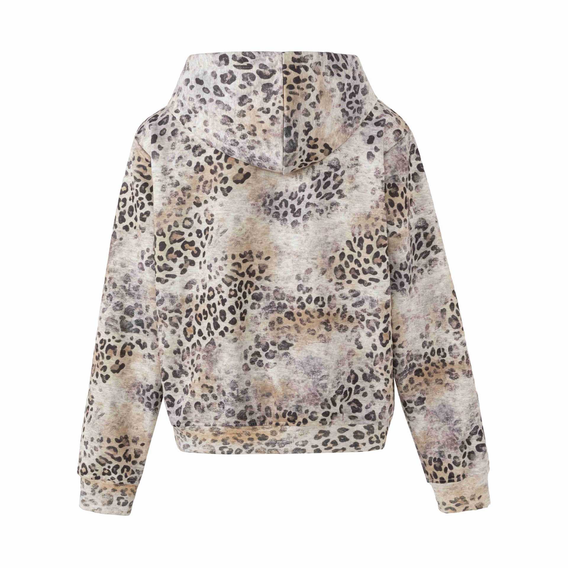 Women's Cozy Hooded Jacket in Boxy Cut with Vintage Leopard Print and Kangaroo Pocket Chichicherry